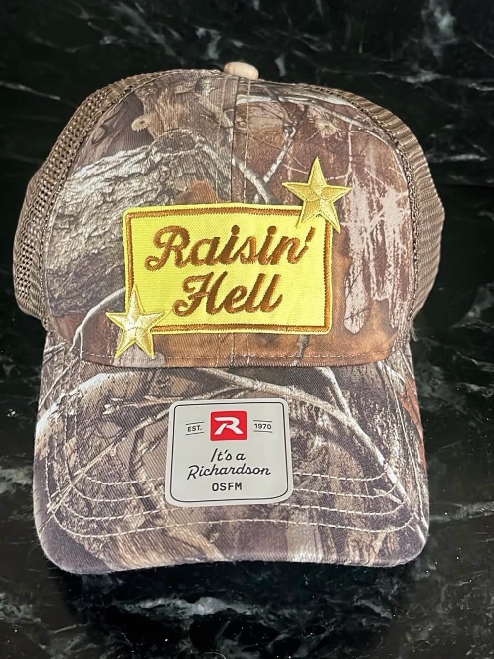 Raisin' Hell Camo Richardson 111P Trucker Hat